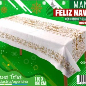 Mantel navideño Feliz navidad dorado y blanco