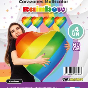 Cloned Globos metalizados corazones de 60cm multicolor rainbow 4 unidades x 1