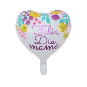 Globo Feliz dia Mama corazon blanco con Flores y Hojas 10" x1
