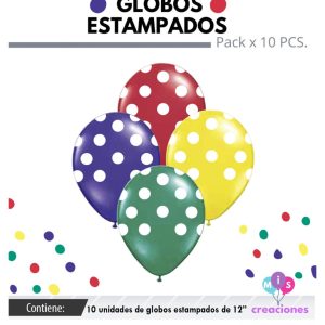 Globo De Latex Estampado Multicolor con lunares blancos x 10u