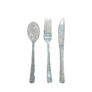 Cubiertos descartables celeste con glitter x12